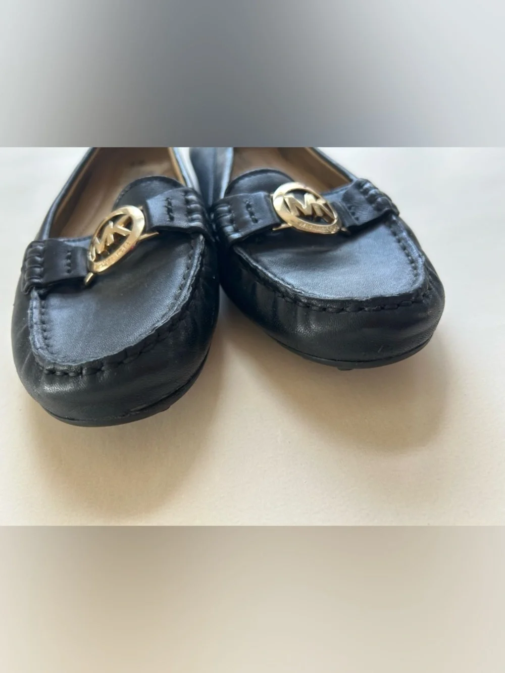 Michael Kors Black Leather Slip-On Loafers with Gold MK Medallion size 6.5